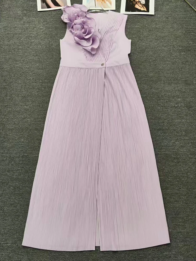 เดรสยาวทรงวีคอประดับดอกไม้สามมิติ แฟชั่นฤดูร้อนปี 2025 สำหรับผู้หญิง กระโปรงจีบเอว แขนกุด ผ่าข้าง ดีไซน์หรูหรา