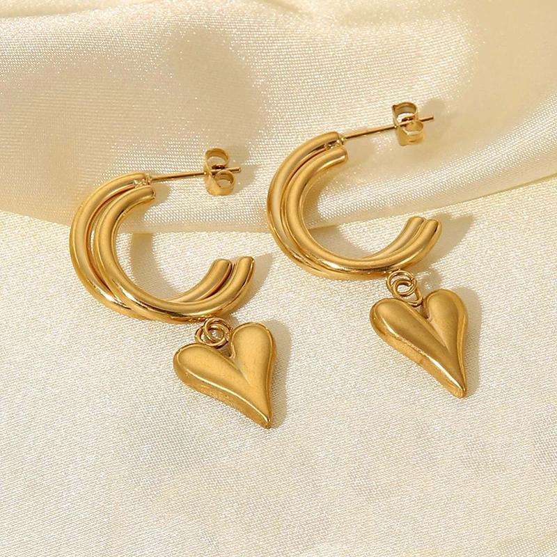Vintage Golden Stainless Steel Waterproof C Shaped Heart Pendant Hoop Earrings for Women Sweet Heart Studs Fashion Jewelry Gift - Image 2