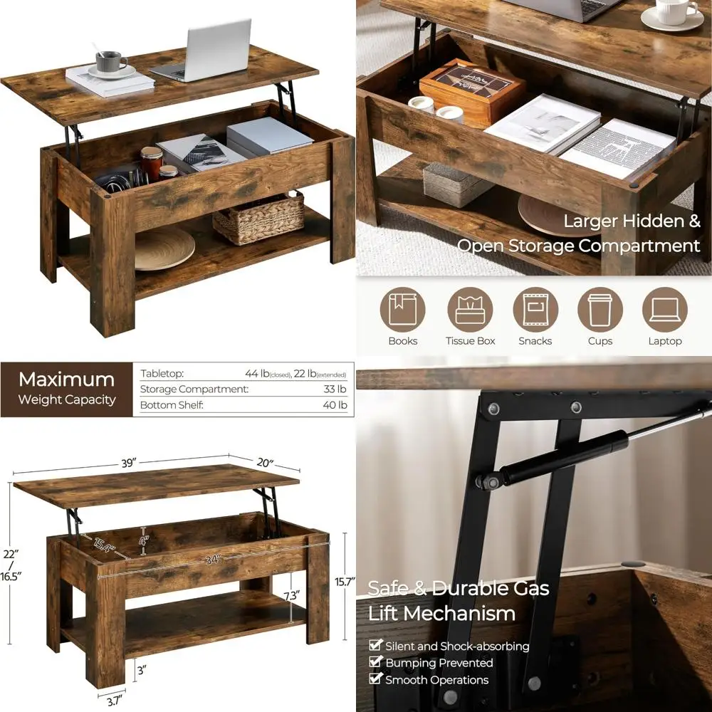 

Vintage Lift-Top Coffee Table with Storage and Dining Functionality for Living Room
