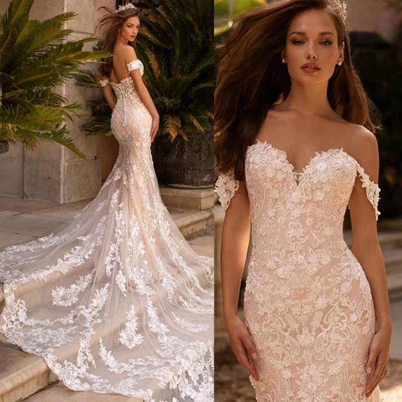 Customized Sexy Mermaid Lace Wedding Dresses Sweetheart Off The Shoulder Bride Gowns With Train Backless Button Robe De Mariée