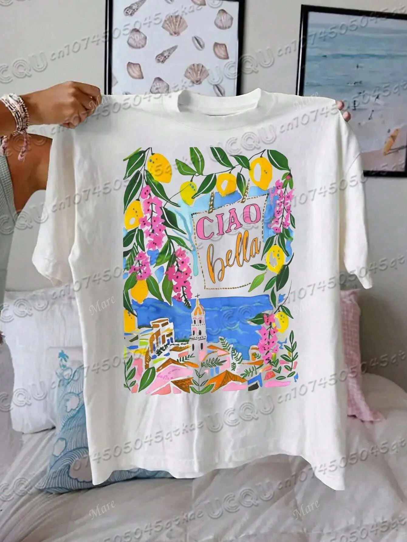 تي شيرت Ciao Bella من القطن المطبوع بالفواكه والنباتات تي شيرت صيفي نسائي مريح كاجوال بأكمام قصيرة للسفر والعطلات تي شيرت فضفاض