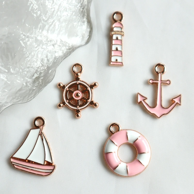 10pcs Mini Pink Nautical Enamel Alloy Pendant Lifebuoy Sailboat Rudder Anchor Metal Charm DIY Necklace Bracelet Earing Accessory