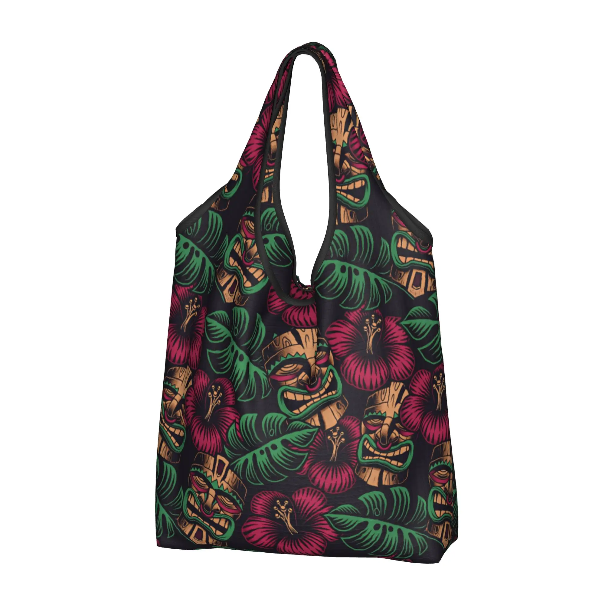 Funny Tiki Mask Hawaiian Style Palm Monstera Shopping Tote Bag Portable Tropical Plants And Flowers Grocery Shoulder Shopper Bag