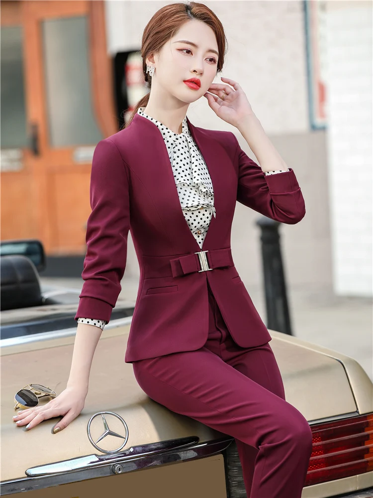 Wine Red Pant Suits Women 2 Pieces Set Business Office Lady  Blazer And Trousers Spring Autumn Black Workwear Outfit