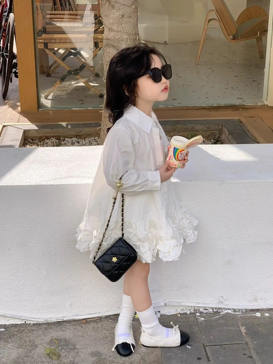 Girl Dress Petal Skirt White Dress Spring 2024 New Cotton Solid Full Fashion Shirt Dress Turn Down Collar A Ling