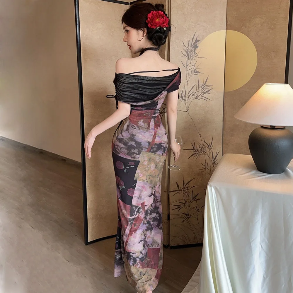 Vintage Oil Painting Print Mermaid Maxi Dress Y2K Asymmetrical Mesh Off-shoulder Bodycon Formal Evening Party Prom Vestidos Gown