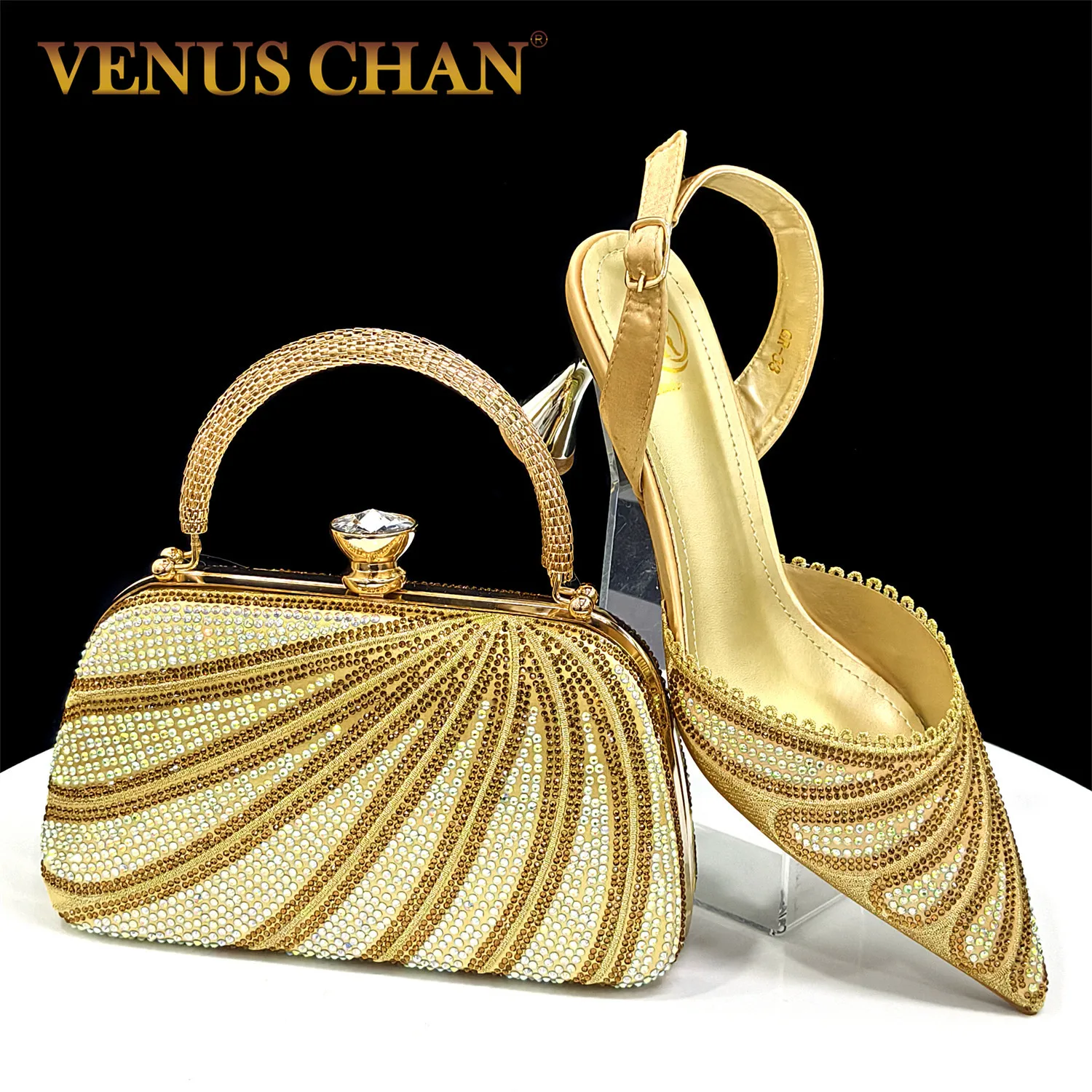 

Venus Chan 2026 Elegant Gold Color Pointed-Toe Diamond-Studded Women's High Heels & Matching Bag - Perfect for Parties