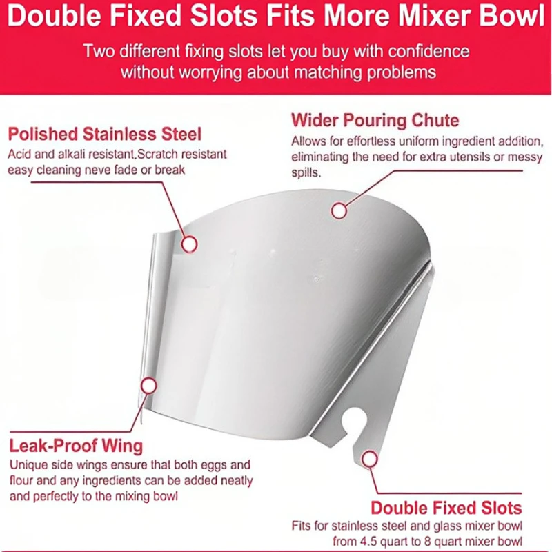 1PCS Bowl Pouring Chute for Mixer Stainless Steel pouring Shield Stand Mixing Bowl chute Spill Guard Mixer Accessories