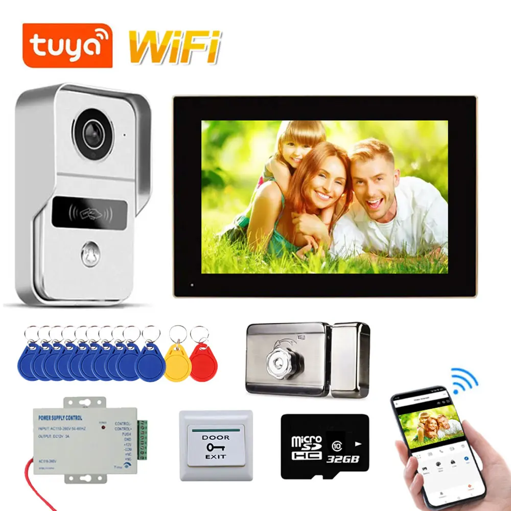 7 Inch TUYA APP 1080P Wifi 4 wire Touch Screen Video Door Phone Intercom System with Wired Doorbell APP/Card Swipe+Electric Lock