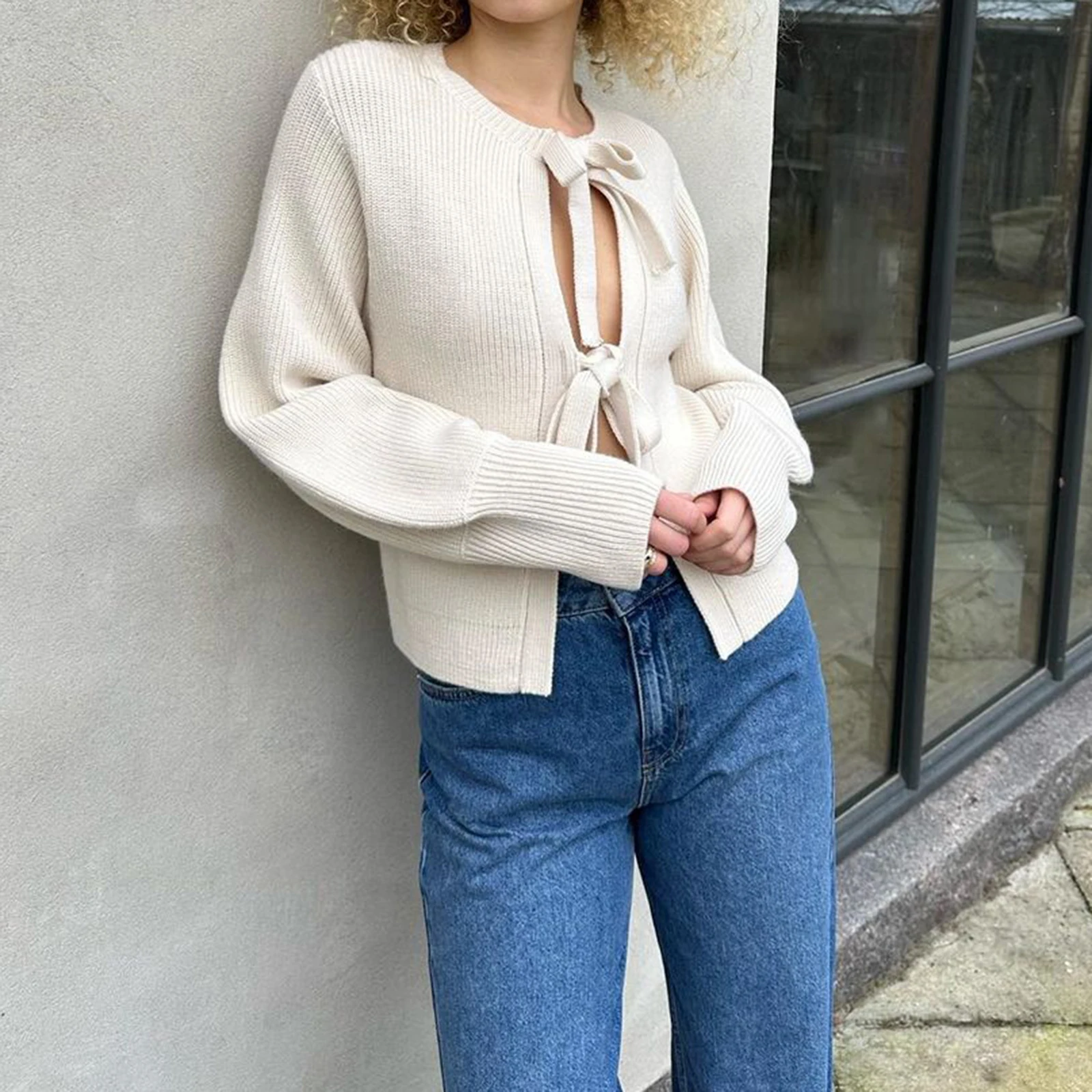 Fall Winter Knit Cardigan Women Ribbed Tie Front Long Sleeve Loose Sweater Solid Color Sweet Slim Coat Tops