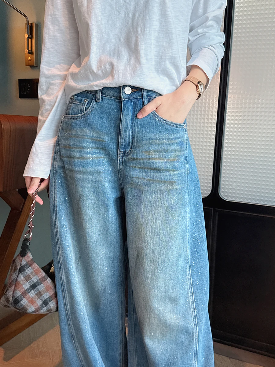 

Shiny Sequin Wide Leg Soft Cotton Jeans Dirty Look Micro Arc Shape Women's High Waist Denim Pants Vintage Style