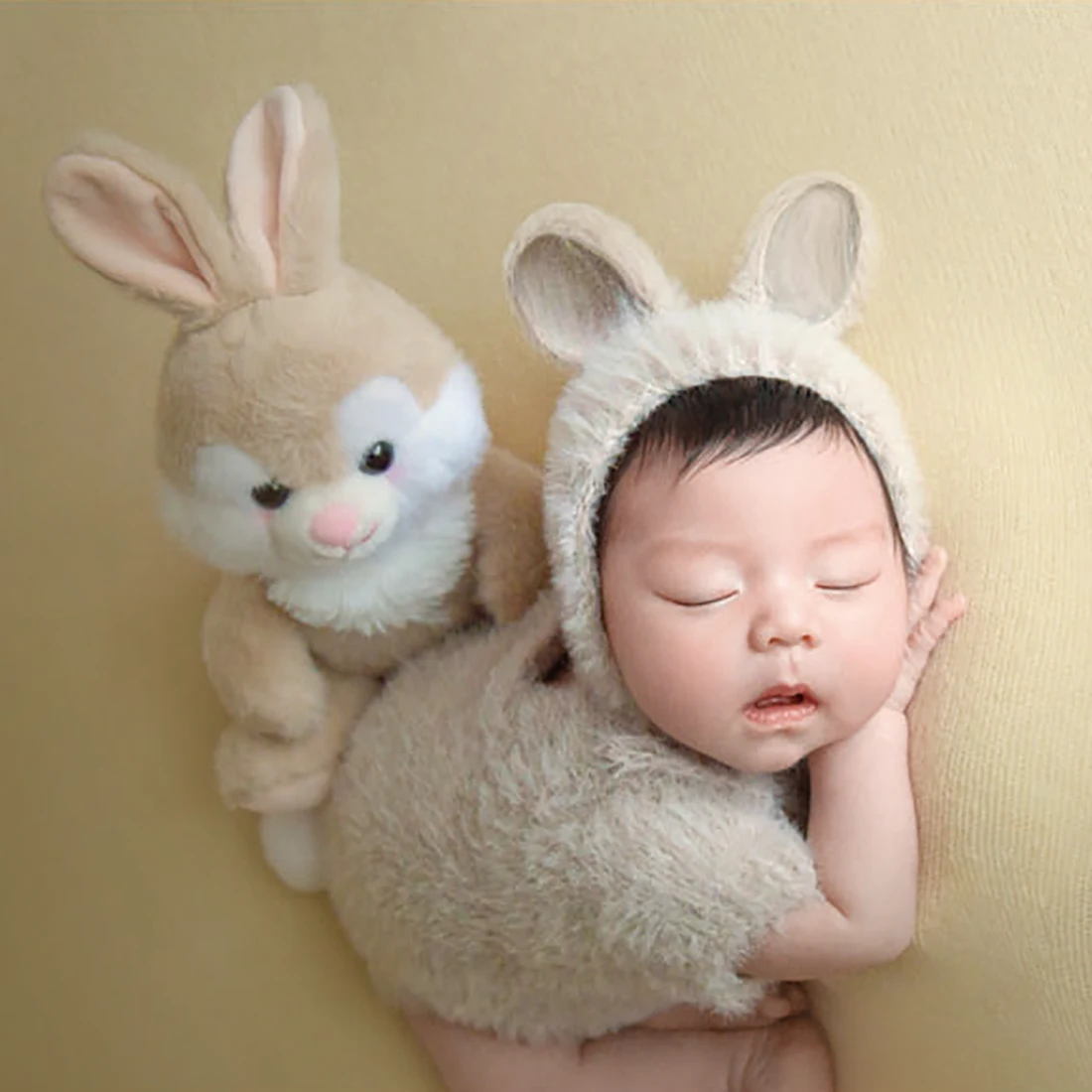 Newborn Knitted Bunny Outfit Baby Stretch Mohair Footed Romper And Hat Set Newborn  Photography Props Crochet Infant Overall