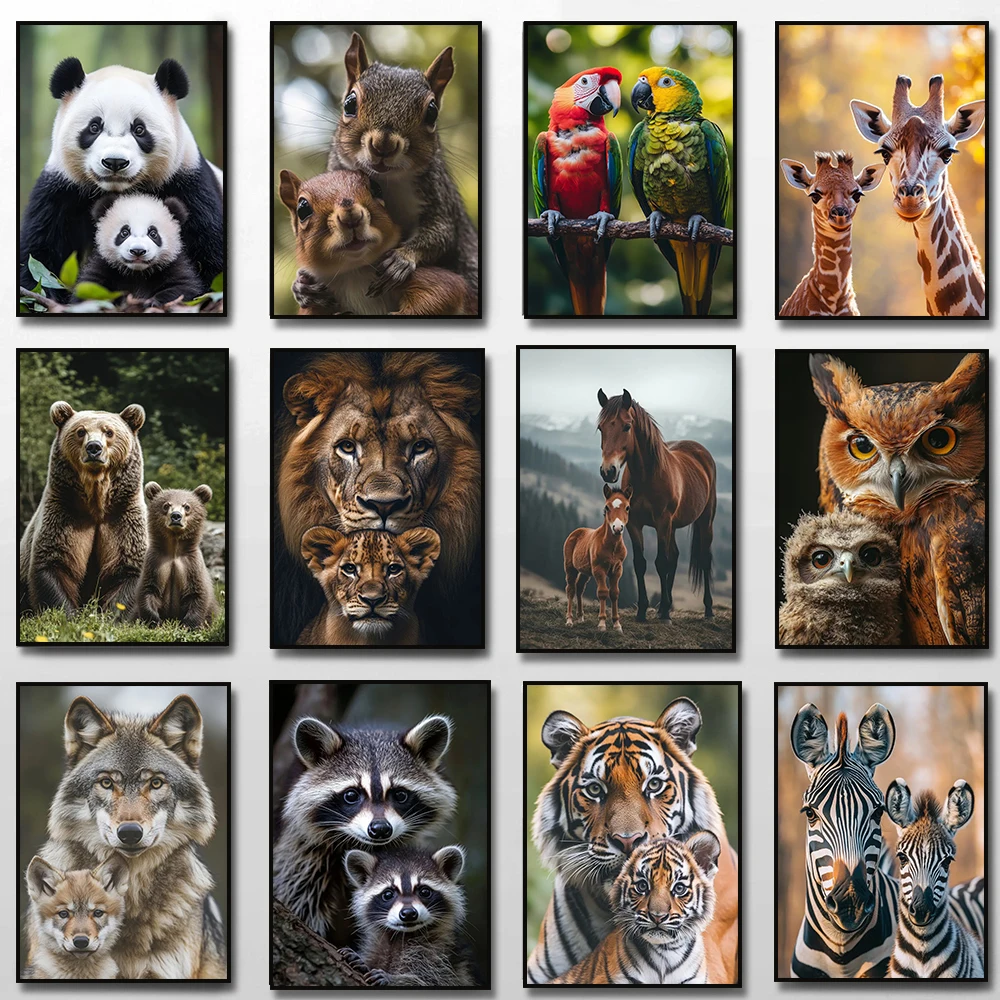 Animal Family Photo Poster Wolf Tiger Zebra Cheetah Lion Horse Canvas Painting Print Wall Art Picture for Living Room Home Decor