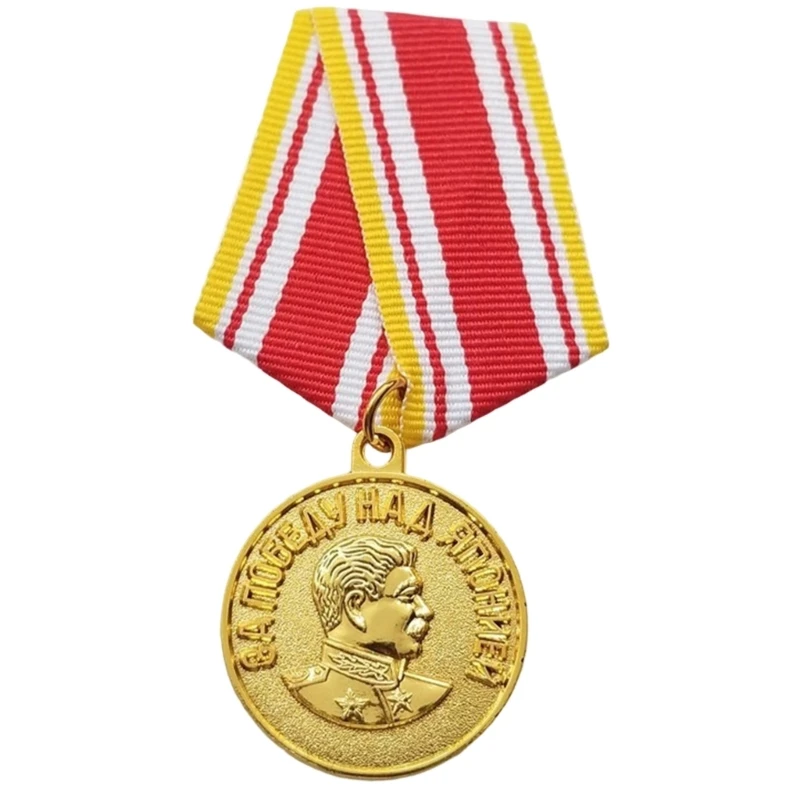DXAE Historical Ribbon Brooch Gold Tone Badge With Portrait Relief and Cyrillic Detail for Collection Display, Lapel Decoration,