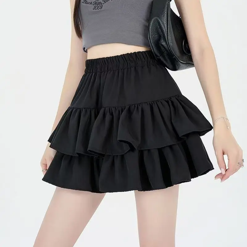 Summer Kawaii Mini A-line Skirts Elastic High Waist Ruffles Patchwork Lolita White Ball Gown Y2K Korean Sweet Women's Clothing