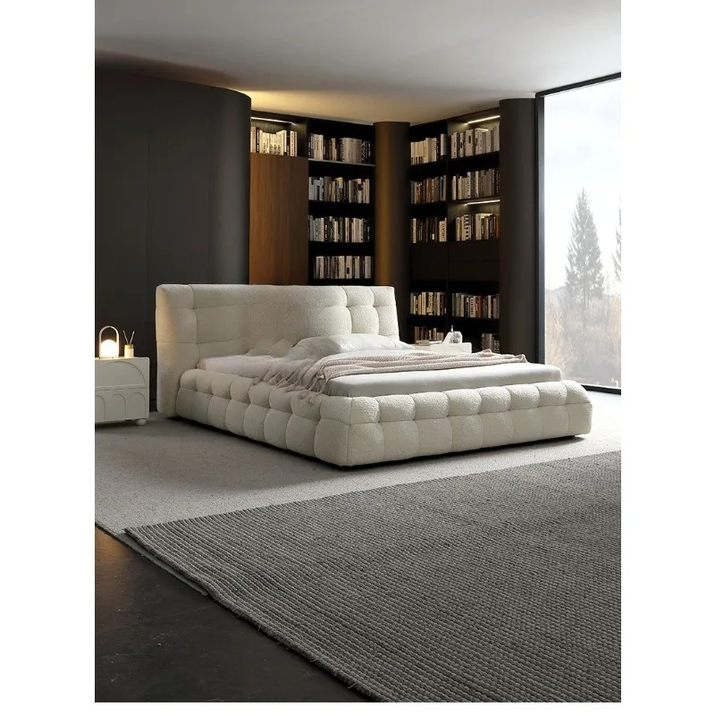 Cream wabi wind marshmallow fabric bed modern simple master bedroom 1.8m light French bedroom lamb wool double