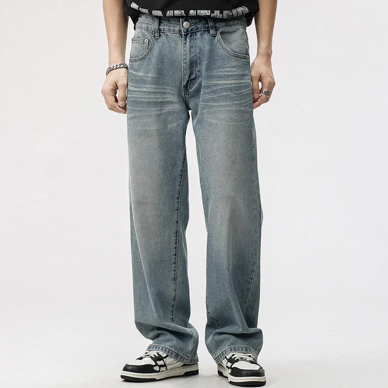 

Осенние новые мужские джинсы свободного кроя, прямые брюки, винтажные стирки, драпированные, модные брендовые повседневные джинсовые брюки из Китая