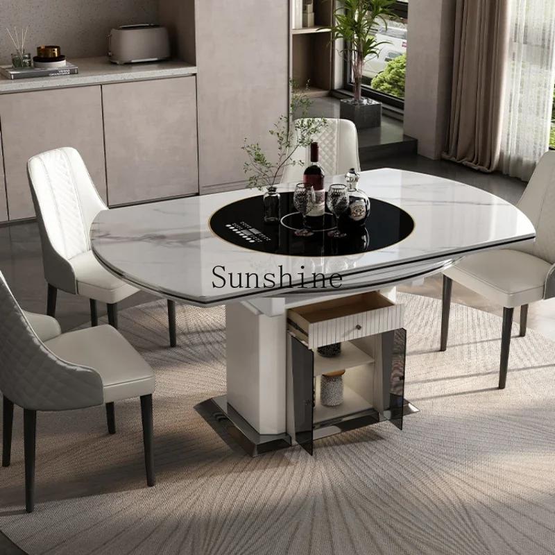 

Slate dining table Small household multi-functional retractable rotating round dining table combination