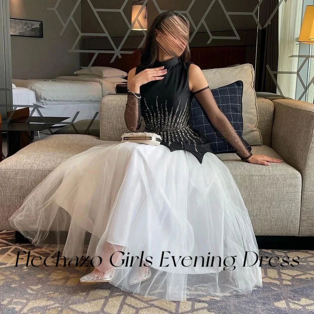 Flechazo Black Evening Dresses Gloves Sleeveless A Line Beading Formal Party Birthday Dress For Women 2024 فساتين السهرة