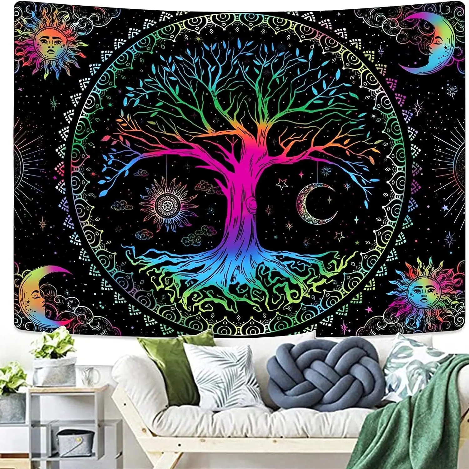 Kanuyee Tree of Life Wall Tapestry - Yin and Yang Sun Moon Star Galaxy Mandala - Black Aesthetic for Room Decor (35''H 47''W)