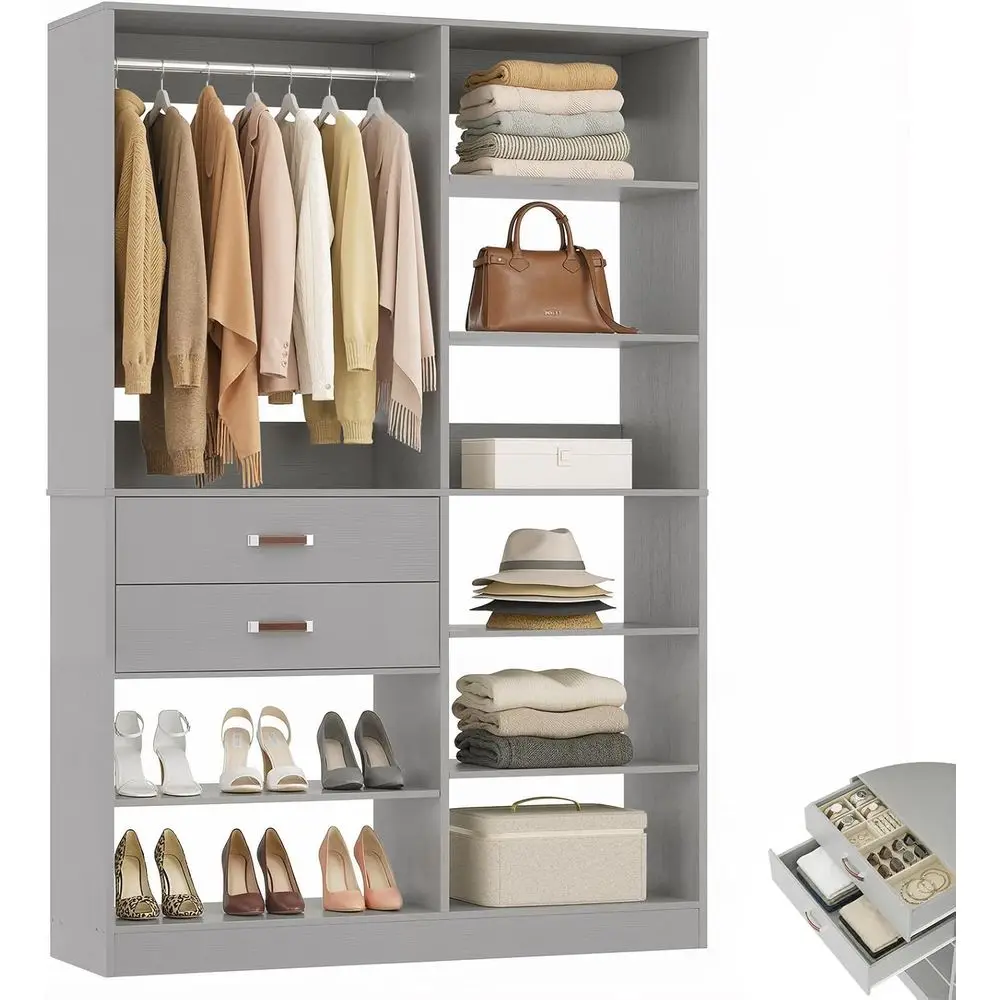 40-inch Tall Closet Storage System with 13 Organizers, 3.3ft Freestanding Wardrobe with 2 Wooden Drawers, and 80-inch Hanging Ga