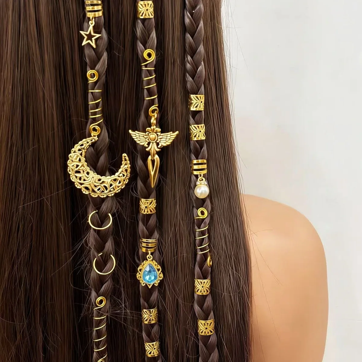 

Vintage Metal Dreadlock Hair Cuffs Set Star Moon Wing Pearl Blue Gem Braid Rings for Women Girls Hot Sale Supply