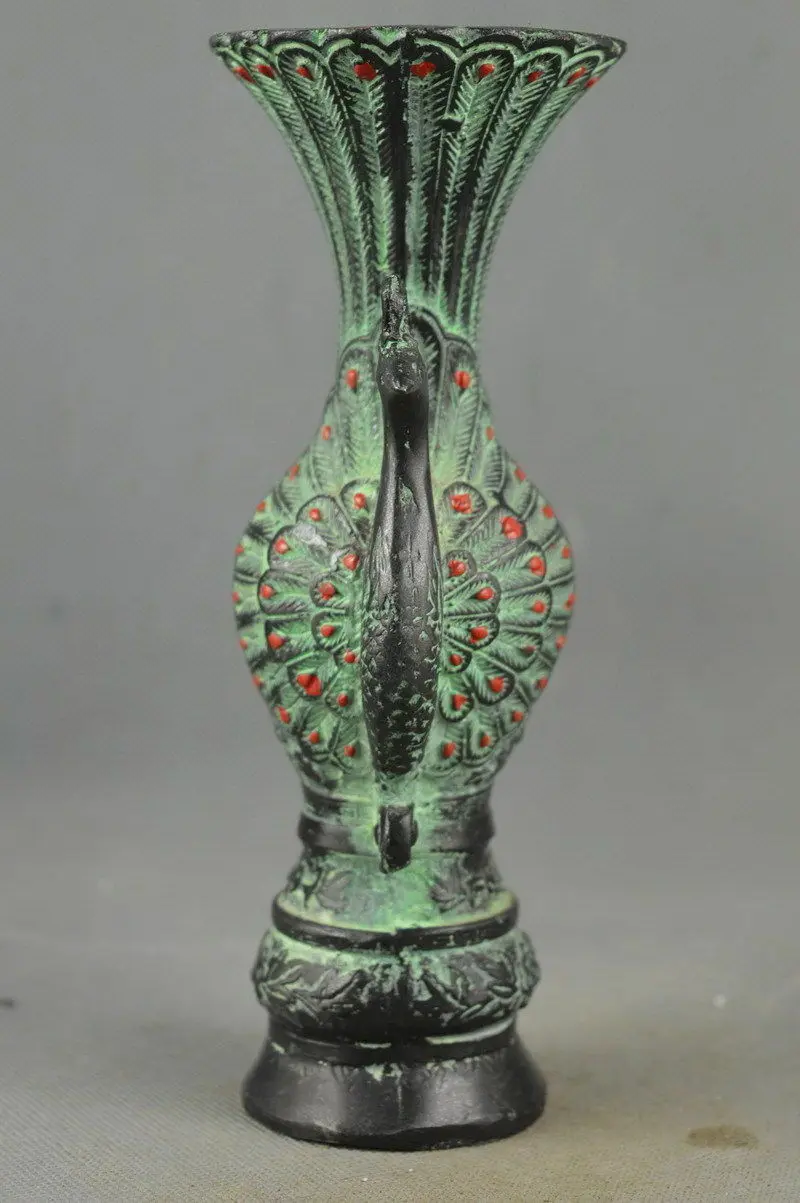 Collectible Handwork Old Bronze Carving Peacock Auspicious Vase
