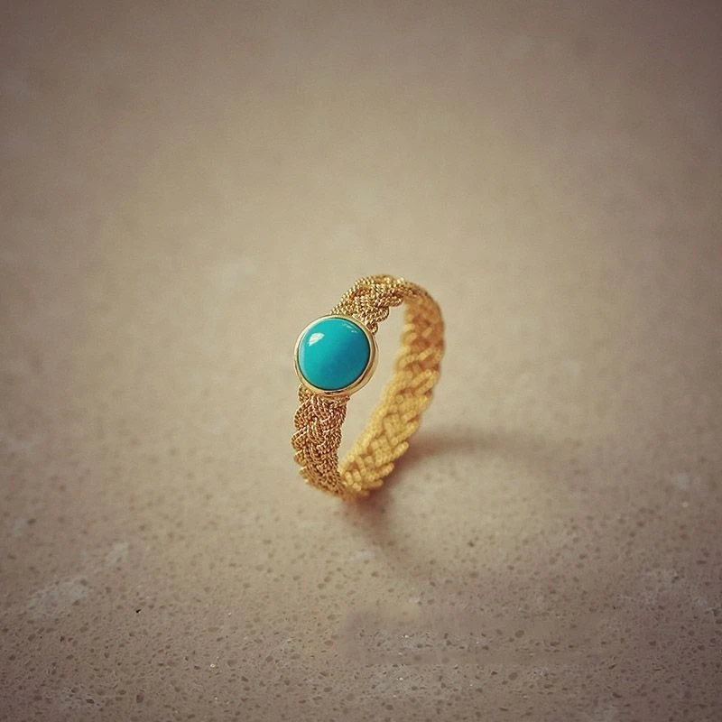 

Free Shipping 10K 14K Gold Filled Natural Blue Turquoise Ring Handmade Knitted Weave Finger Band For Women Gold Gems Couple Ring