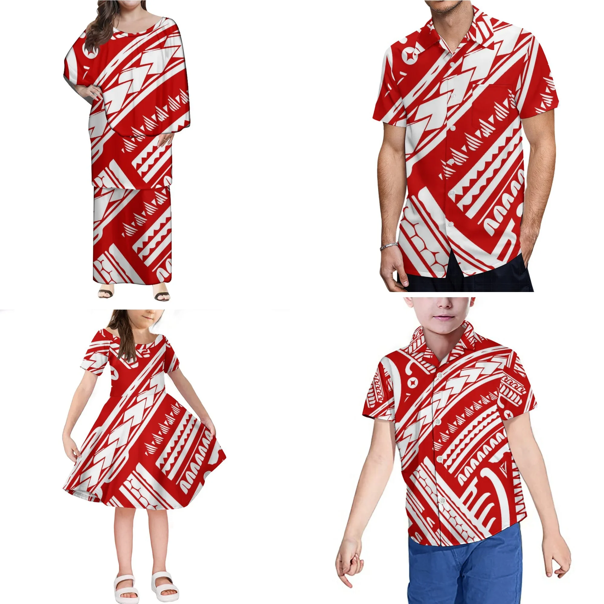 Polynesian Tribal Design 7XL Women Puletasi  Dress Men Shirt Family Set Parent-child Outfit Custom Adult Children's Clothing 4-p