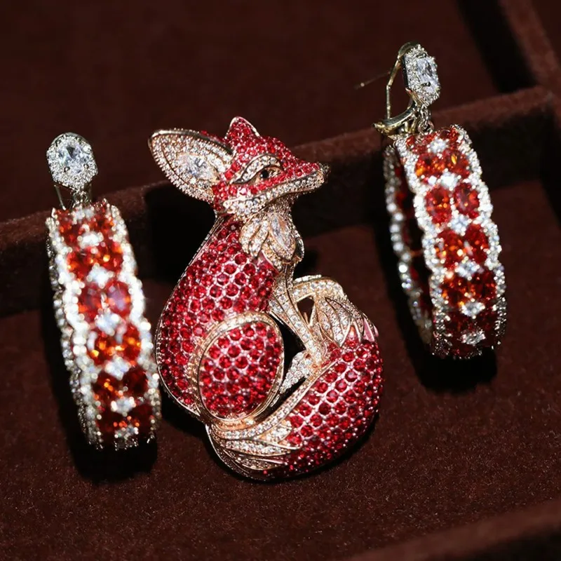 Cute Fox Alloy Brooch Earrings And Bracelet Set with Semi-Precious Stones Fashionable Jewelry Combo for Women Ideal Gift