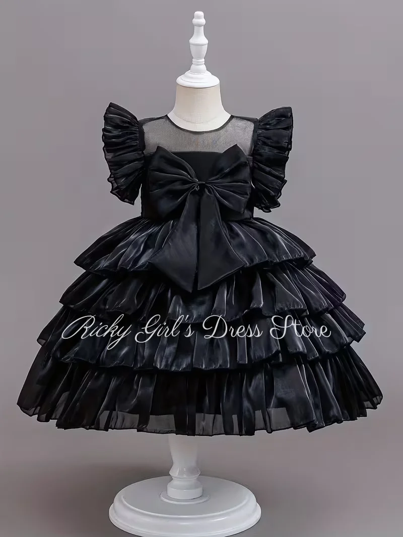 Girl Gown Black Flower Girl Dress For Wedding Layered Satin Bow Princess Dress With Sleeves Christmas Party Ball Gowns Custom