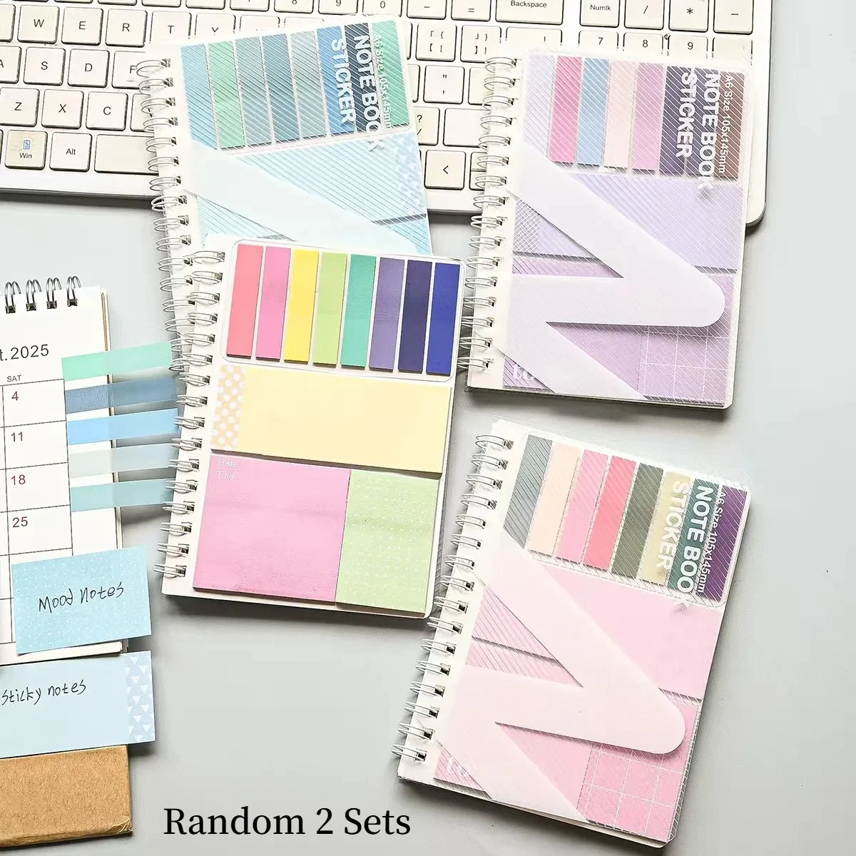 Random 2 Sets Spiral Notebook Sticky Notes Combo With Index Tabs, Pastel Color Self-Adhesive Memo Pads, To-Do List Notepad For O