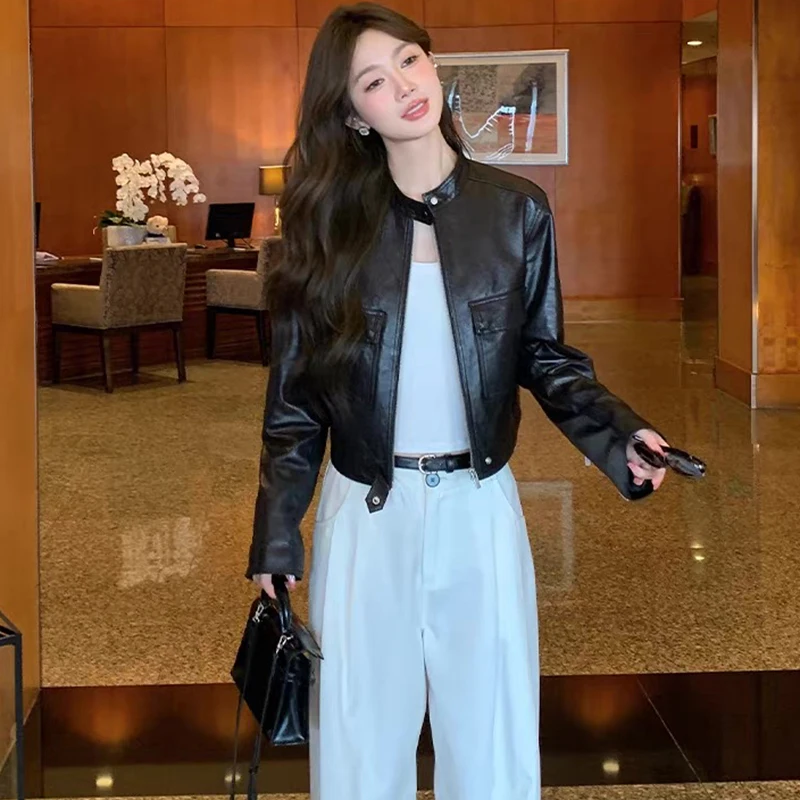 Women Spring Mote Biker Cool Girl Short Genuine Sheepskin Leather Jacket Coat Autumn Black Real Leather Jacket