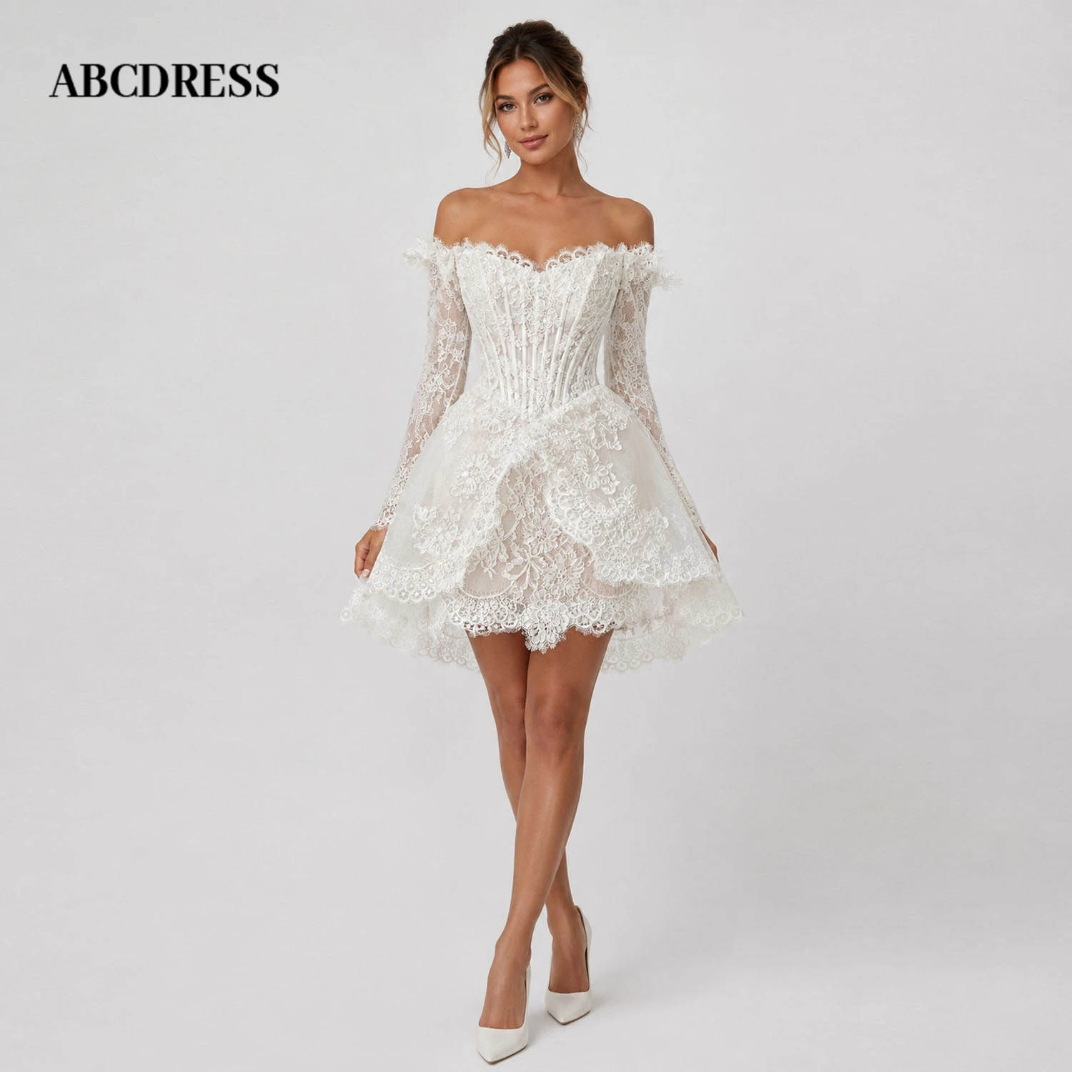 ABCDRESS Customized Elegant Off-the-Shoulder Bridal Gown Lace Corset Mini Wedding Dress Long Sleeves Lace-Up Back Lady Dresses
