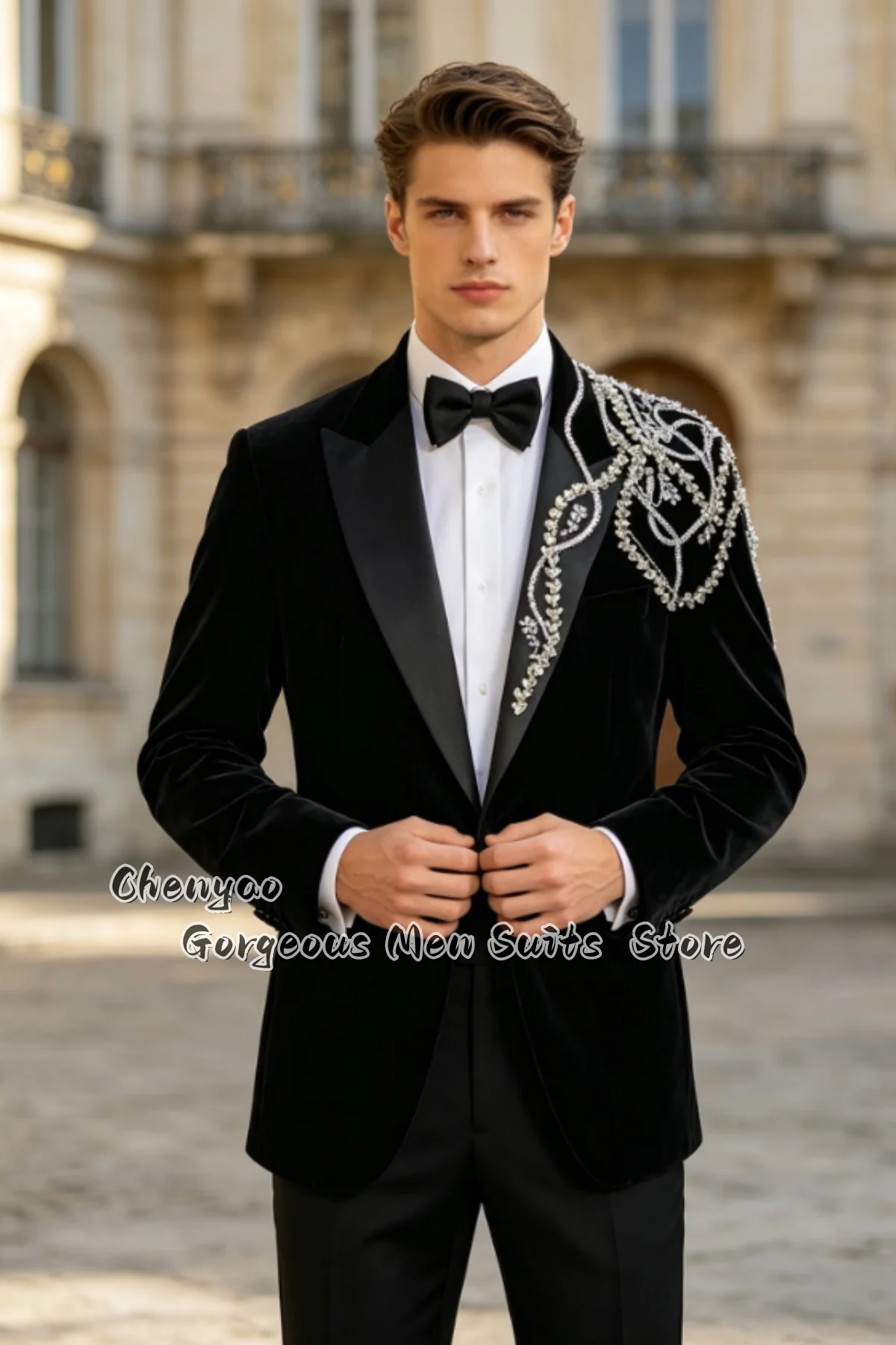 Fashion Velvet Men Suits Groom 2‑Piece Tuxedo Customized One‑Side Shoulder Rhinestone Vine Embroidery Peak Lapel Formal Blazers