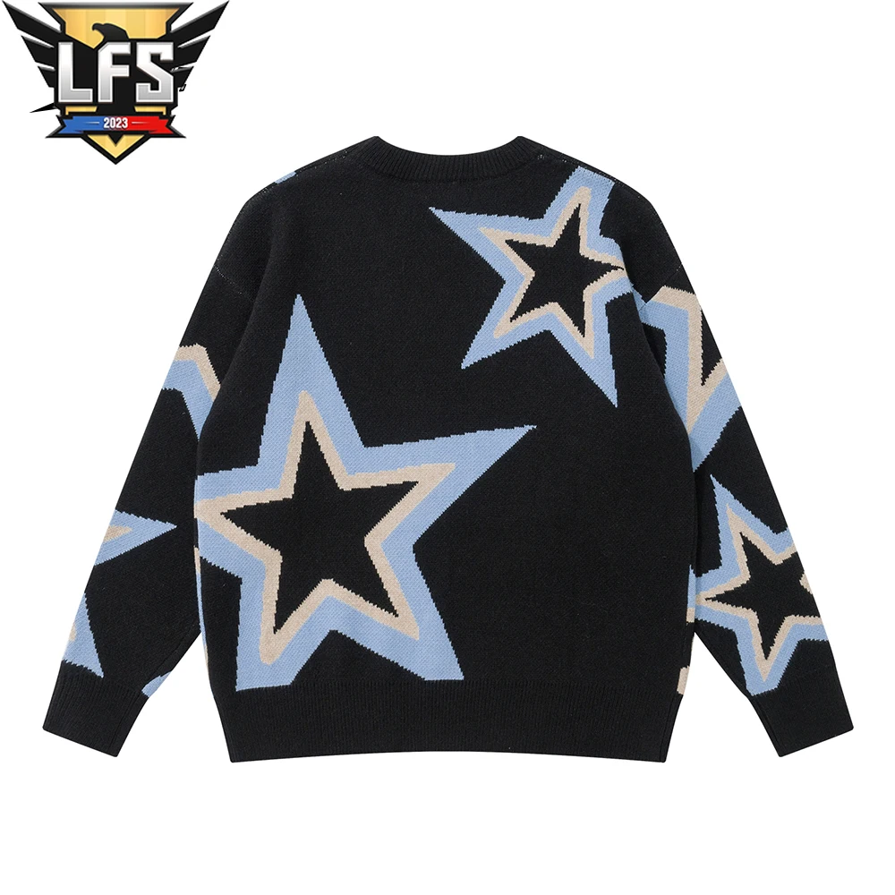 Oversized Mens Vintage Star Print Knitted Sweater Harajuku Fashion Retro Casual Pullover Unisex Y2K Streetwear Sweater Knit