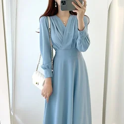Vintage Women Pleated Cross V-neck Long Dresses Temperament Puff Sleeve High Waist Party Dress Ladies Evening Dresses