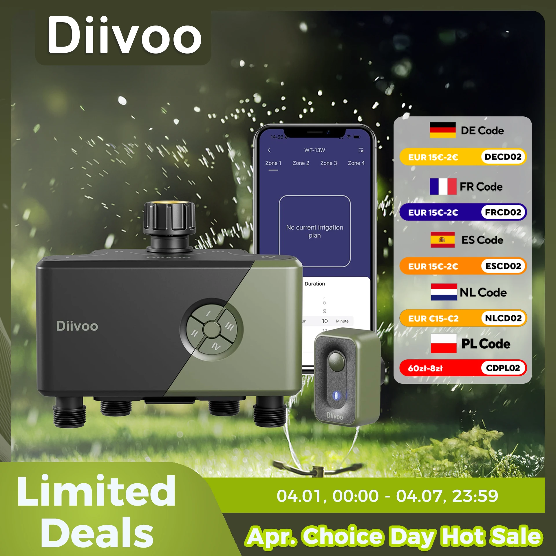 Diivoo – minuterie d'eau WiFi pour jardin, 3/4 Zones, minuterie d'irrigation automatique, contrôleur de systèmes d'arrosage avec retard de pluie, arrosage manuel