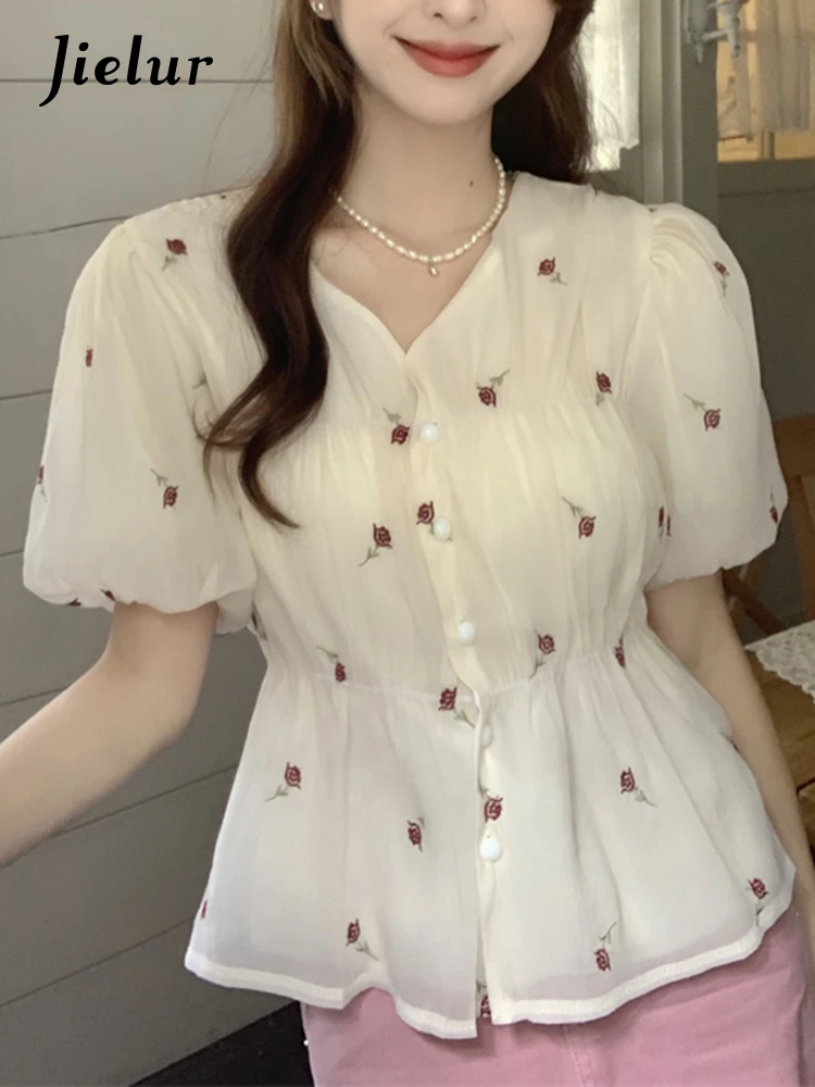 

Jielur New Women's Solid Color Embroidered Shirt Summer French Sweet Casual Top Fashion Female V-neck Slim Fit Chiffon Shirts