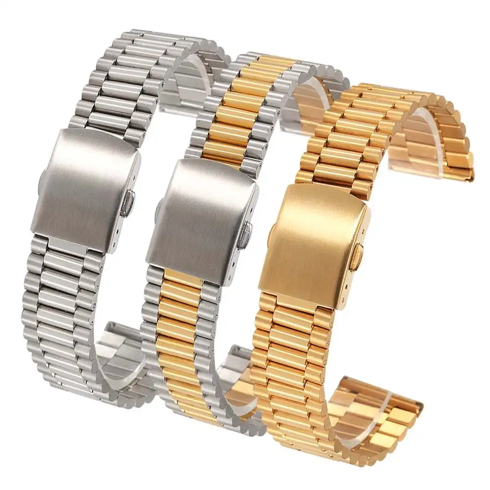 16mm 18mm 20mm President Stainless Steel Three Beads Universal Straight End Silver Gold Watch Straps Band Bracelet