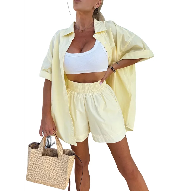 

【D75C】Women Button Down Linen Short Sleeve Top Shorts 2 Piece Summer Vacation Outfits Lounge Tracksuits