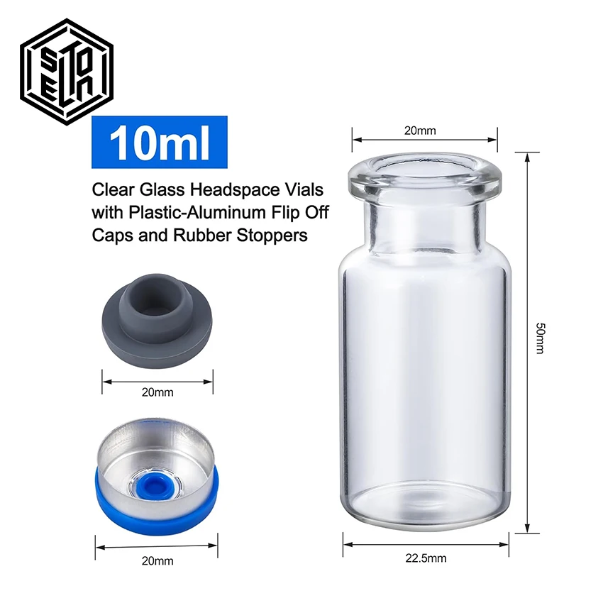 100 عبوة من قوارير الزجاج الشفاف سعة 10 مل لسدادة مطاطية للحقن وزجاجات عينة مختبر بغطاء قابل للطي