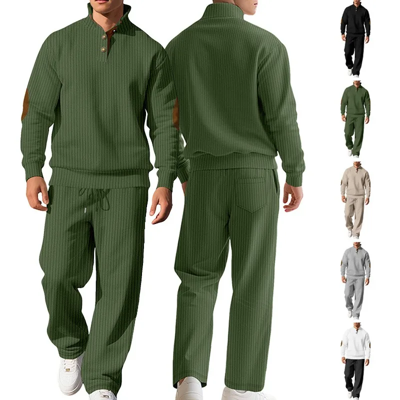 

New European and American men's casual trousers stand-up collar versatile jacquard pit strip knitted sweater autumn suit