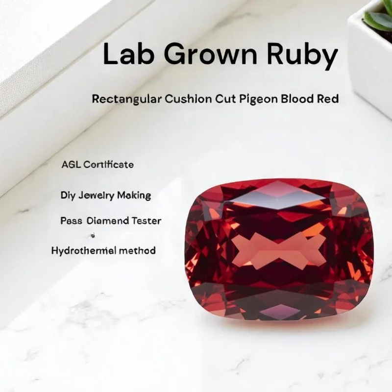 

Лабораторный рубин, прямоугольная подушка, голубь, кроваво-красный, высококачественный драгоценный камень для изготовления ювелирных изделий, сертификат AGL на выбор