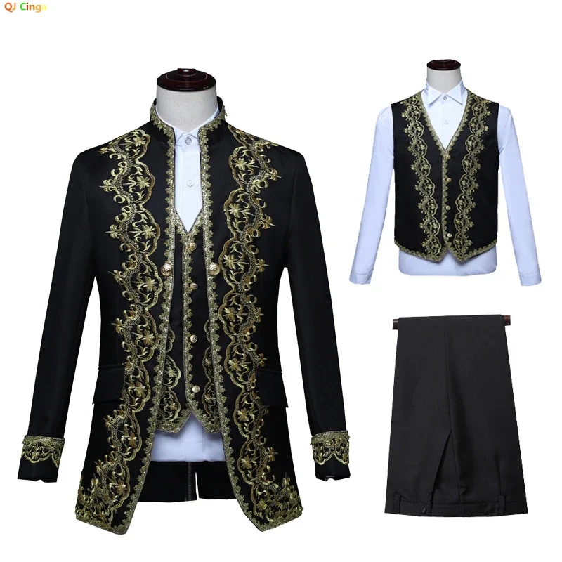 

European Gold Vintage Tuxedo Men's Suit 3 Piece Set,Black,White Opera,Stage Performance Costume,Size S,M,L,XXL,3XL,4XL