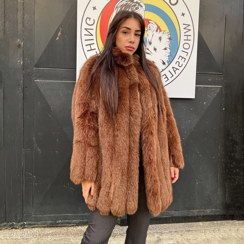 Women Elegant Real Fox Fur Coat Luxury Brown Genuine Fur Outwear Female Winter Natural Fox Fur Mid-length Warm Thick Overcoat