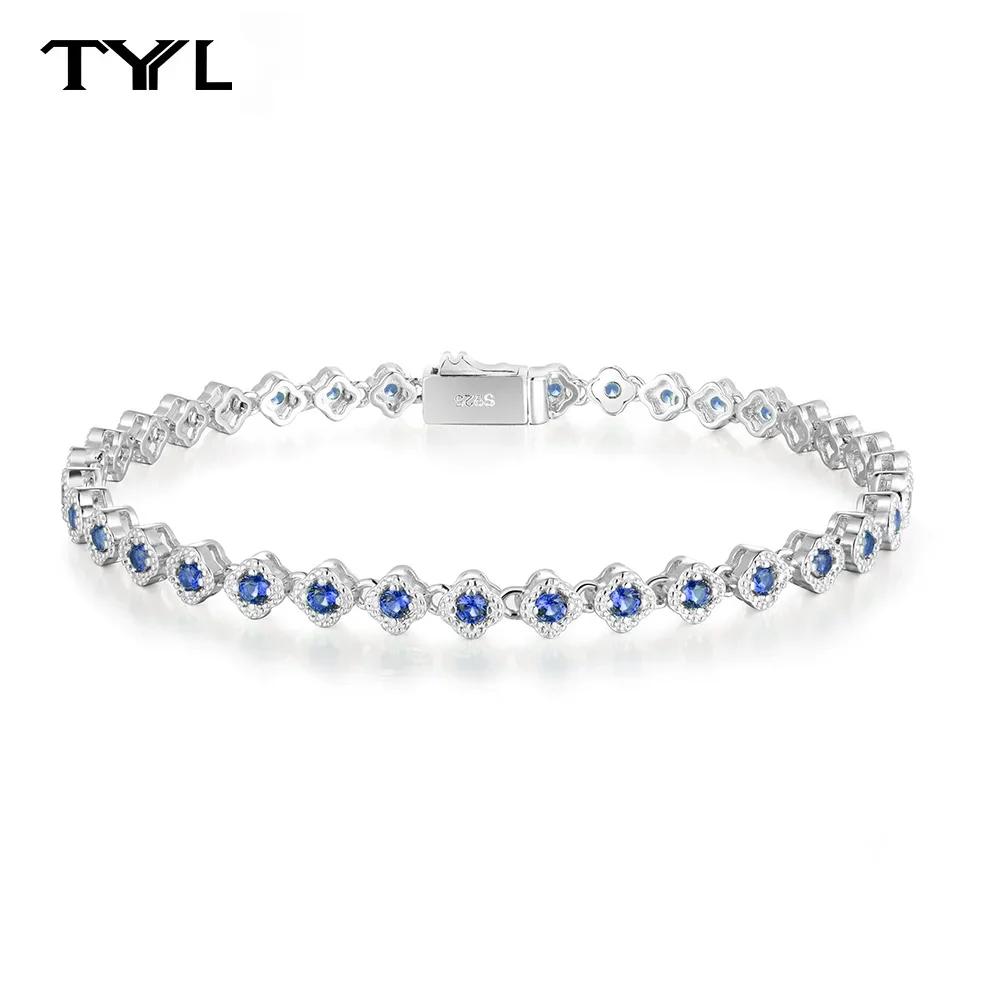 

TYYL 2mm Lab Grown Sapphire Tennis Bracelet for Women Men 925 Silver 4 Leaf Clover Bezel Gemstone Bracelets Lady Jewelry Bangle