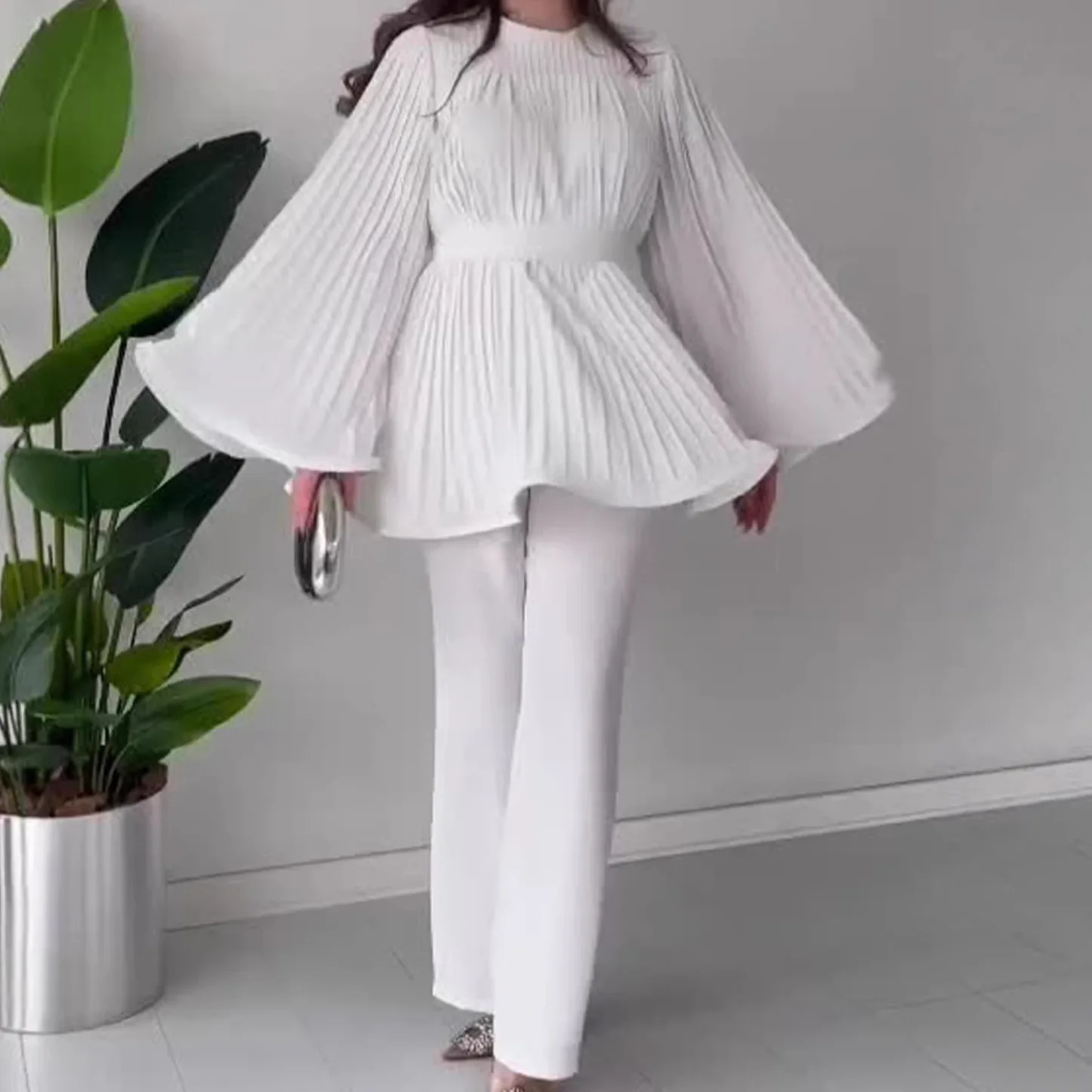 Spring Summer Fashion Two Piece Matching Set Women Loose Pleated Pants Set Jumpsuit Playsuit