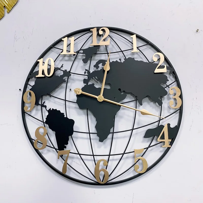 World map wrought iron wall clock round fashion simple living room entrance art wall decoration clock decoration wall hanging cr