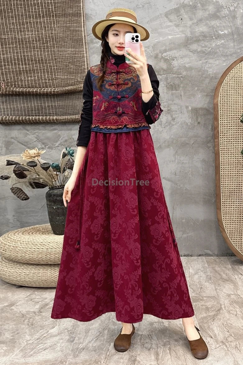 

2025 literature art vintage ethnic style cotton linen jacquard embroideried robe retro disc buckle design chinese vest dress